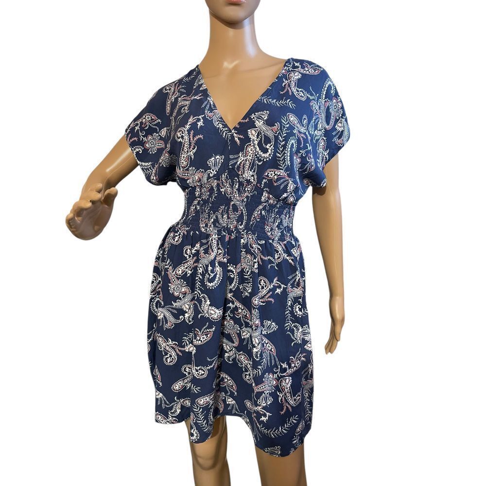 Bebop Navy Paisley Print Smocked Waist Summer Dress Boho V-Neck Mini Size M‎